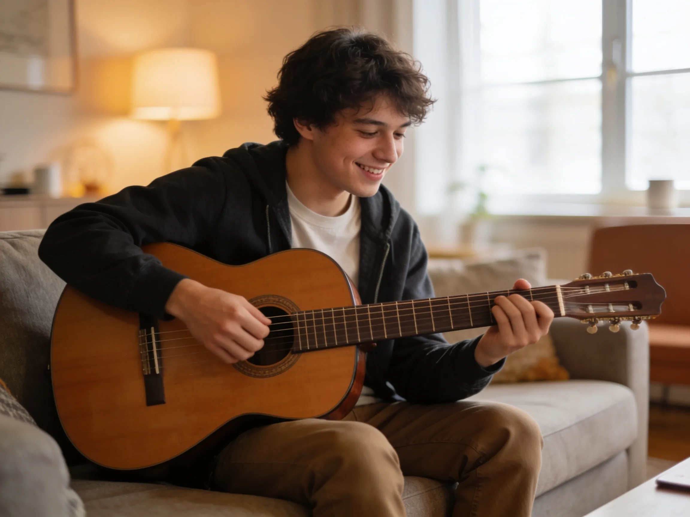 Beginner leert gitaar spelen met een akoestische gitaar in de huiskamer