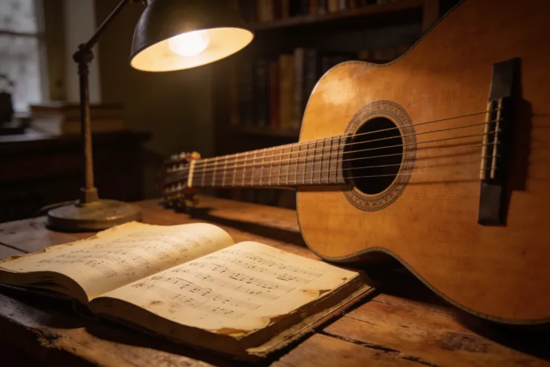 Liedjesboek met makkelijke gitaarliedjes bij een gitaar